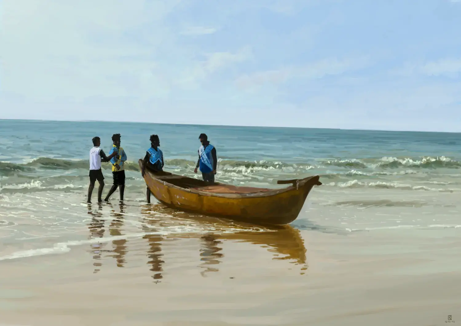 Digital painting of fishermen on padubidri beach India